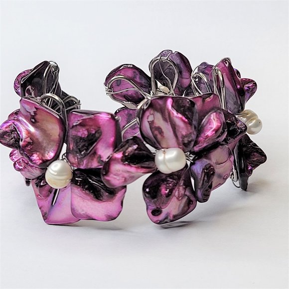 Dark Purple Pearl Adjustable Cuff Bangle Bracelet- NEW - Picture 3 of 13